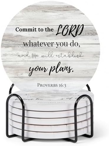 Christian Coasters Set of 6 with Holder, Absorbent Ceramic Faith Gift