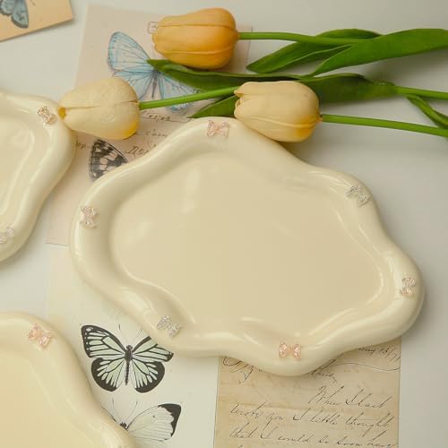 Jewelry Dish Trinket Tray for Women, Ring Dish Holder, Unique Cloud Shape Ceramic Plate Cute Things Vanity Aesthetic Room Decor Mother's Day Birthday (Bow Cream)