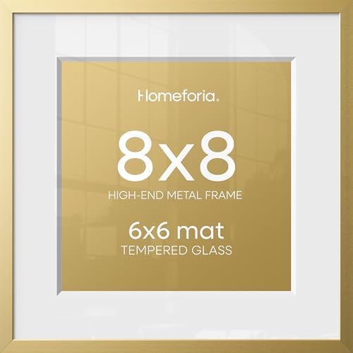 Homeforia 8x8 Gold Picture Frame, High-End Metal, 6x6 Mat, Glass