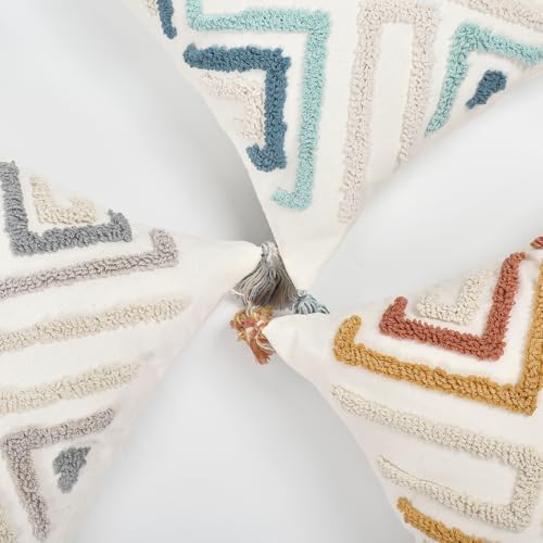 Boho Pillow Covers 18X18 Inch Boho Tufted Throw Pillow Covers Decorative Tassels Cushion Cover Farmhouse Pillow Case for Couch Sofa Bed Living Room Bedroom, Teal