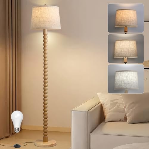 Real Wood Floor Lamp for Living Room,Wooden Standing Lamp with 3 Color Changing Bulb Included, Tall Lamp with Linen Shade,Farmhouse Floor Lamp for Living Room,Bedroom,Corner,Dining Room and Office