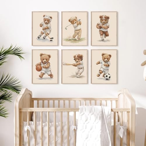 Joocrise Nursery Teddy Bear Wall Decor Boy Room Wall Art Baby Canvas Prints Vintage Sports Decor Pictures Teddy Bear Poster Nursery Painting for Playroom Bedroom 12x16 Inch Unframed Set of 6