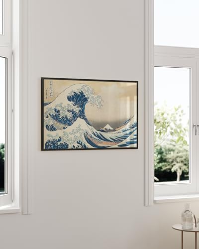 HAUS AND HUES Japanese Traditional Art - Hokusai Classic Kanagawa Wave Print, The Great Wave Poster Japanese Art Wall Decor, Japan Poster Wave Wall Art, Japandi Wall Art (Beige Frame, 24x36)
