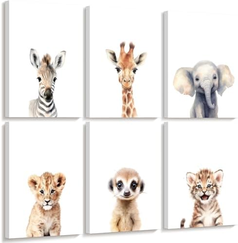 Safari Nursery Wall Art Decor Set of 6 Baby Animal Wall Art Kids Canvas Wall Art Safari Nursery Pictures Jungle Animal Prints Baby Boy Art Giraffe Painting for Room Bedroom 12x16 Inch Framed