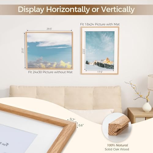 Fun Memories 24x30 Poster Frame, Solid Oak Wood Picture Frames, Modern Photo Frame for Wall 24x30 with 18x24 Mat, High Definition Plexiglass & Wall Hook Included (Beige, 2 Pack)