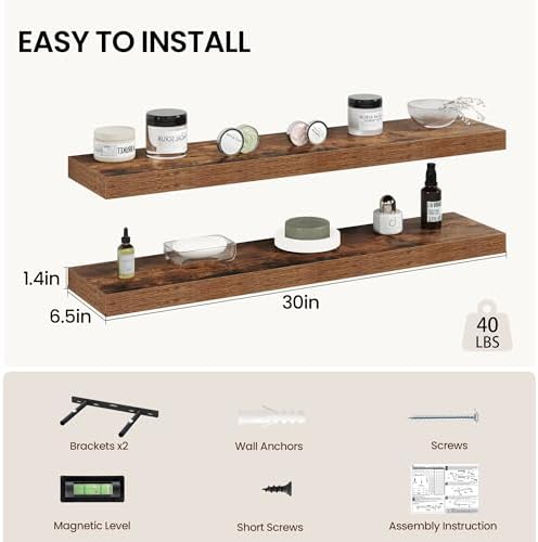 Vivelove 30 Inch Floating Shelves Wall Mounted for Display, 6.5 Deep Duty Shelves with Invisible Brackets for Living Room,Bedroom,Kitchen, Bathroom Storage & Decor,30" Wx6.5 Dx1.4 H - Rustic Brown