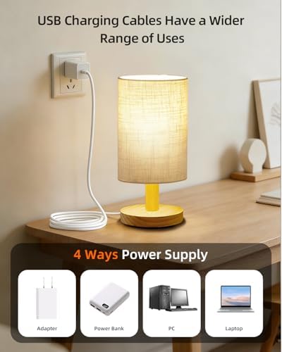 Small Touch Table Lamp for Bedroom, Portable LED Desk Lamps, 3 Color Stepless Dimming Up, Wood Base Round Flaxen Fabric Shade for Kids Room, Living Room, College Dorm, Home, Office