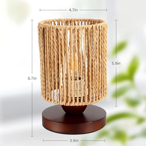 Handmade Rattan Lamp Boho Table Lamp for Bedroom, Stepless Dimming Small Woven Lamps for Night Stands with Warm White LED Bulb, Coastal Boho Lamp for Living Room Reading Nook Office Desk