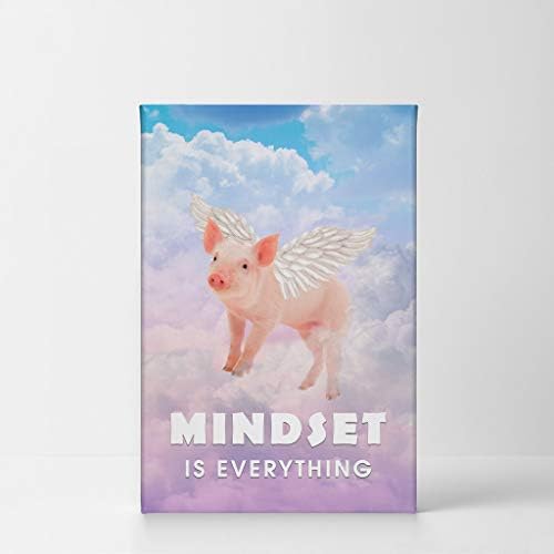 Smile Art Design Mindset is Everything Cute Pig with Wings Flying in Sky Motivational Canvas Wall Art Inspirational Wall Art Entrepreneur Quote Print Office Living Room Decor Gift Ready to Hang 17x11