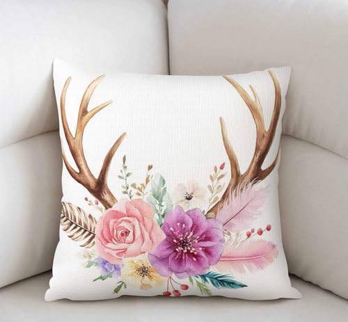 Swono Watercolor Floral Boho Pillow Decorative Pillow Cover Vintage Deer Horns with Flowers Throw Pillow Case Cotton Linen French Decor Rustic Cushion Cover for Sofa Couch 18x18 Inch