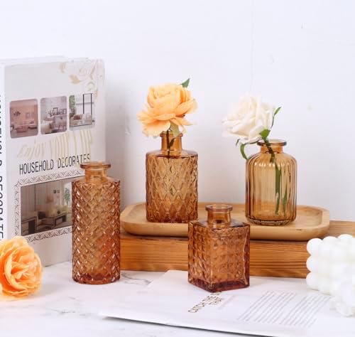 CUCUMI 12pcs Bud Vases for Centerpieces, Amber Gold Glass Vase Set | Small Vintage Vases for Centerpieces, Decorative Flower Vases for Wedding Home Table Decor