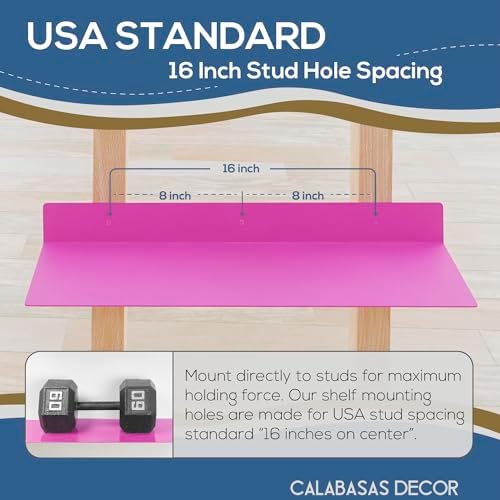 24x8 in Metal Floating Shelf Pink Wall Mounted - Made in The USA - Bedroom, Living Room, Bathroom, Kitchen