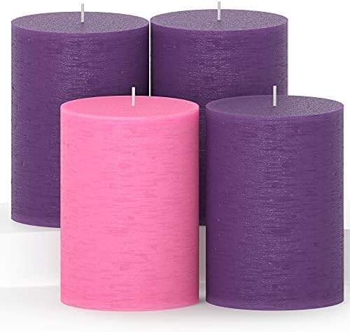 CANDWAX 3x4 Inch Advent Pillar Candles Set of 4 - Long Burning Dripless Unscented Pillar Candles - Rustic Style for Advent Wreaths, Christmas Décor - 3 Purple and 1 Pink Pillars