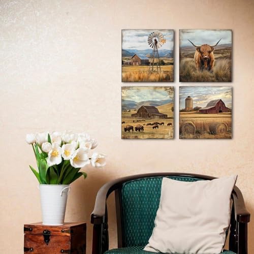 Highland Cow Wall Art Rustic Farmhouse Wall Decor Country Farm Animal Pictures Vintage Barn Windmill Landscape Canvas Prints Painting Modern Artwork for Bedroom Living Room Home Decoration 16x16" 4Pcs
