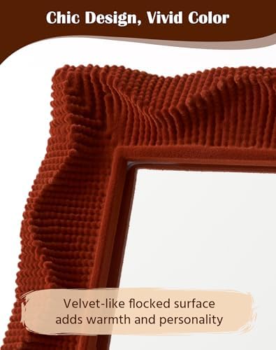 Small Wall Mirror with Cozy Flocking Touch for Bedroom Decor,Maroon | 14x12" Resin Frame,Wavy Style,Funky Decorative Mirrors for Vintage Mid-Century Victorian Home Living Room Office Guest Room