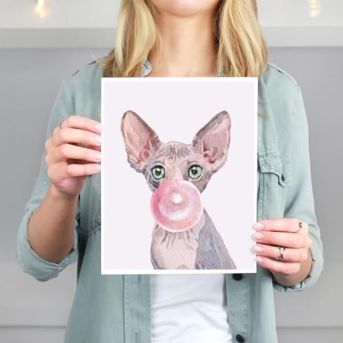 DREAM BIG PRINTABLES Cat Blowing Bubble Gum | Sphynx Art Print - 8x10 (Unframed) | Adorable Feline Decor for Cat Lovers