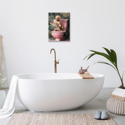 Crekviy Funny Golden Retriever Bathroom Decor Wall Art Dog Sitting on Toilet Pictures Cute Puppy Canvas Prints Painting Animal Restroom Artwork Home Decorations Framed Dog Gifts 12"x16"