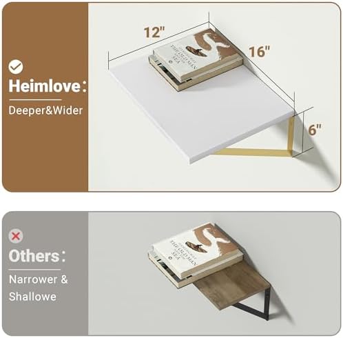 Heimlove 12 Inch Deep White Floating Shelves for Wall，Wood Floating Shelves 16" W x 12" D Set of 2，Wall Mounted Shelves for Living Room, Bedroom, Kitchen, Bathroom and Decor Storage,Gold Bracket