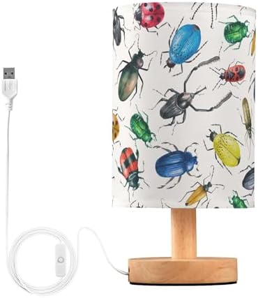 Table Lamp Watercolor Insect Beetle Pattern Nightstand Lamp with Wood Base Fabric Lamp Shade Bedside Desk Lamp for Living Room Bedroom Kids Room Office
