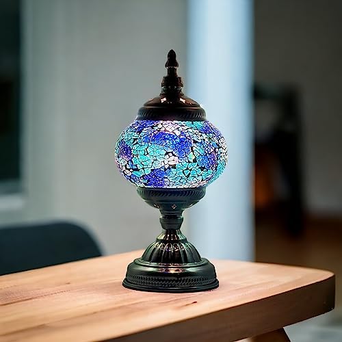 SILVERFEVER Handcrafted Mosaic Turkish Lamp Moroccan Glass Table Desk Bedside Light Bronze Base with E12 Bulb (Deep Blues)