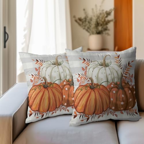 Fall Pumpkins Outdoor Pillows 18x18 Inch Set of 2 Autumn Harvest Pumpkin Pillowcase Buffalo Plaid Maple Leaves Decorative Throw Cushion Cover for Thanksgiving Seasonal Home Couch Porch Patio Decor
