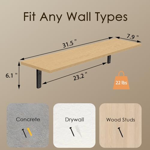 DINZI LVJ Long Wall Shelves, 31.5Inch Wooden Wall Mounted Shelves, Set of 2