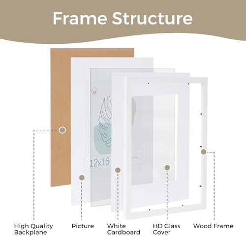 Muzilife White 12x16 Wood Picture Frame with Mat, Real Glass Cover, 1 Pack