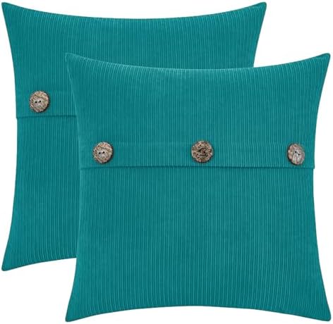 HWY 50 Teal Chenille Throw Pillow Covers 22x22 Inch Buttons Pack of 2