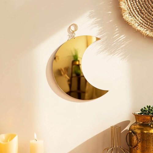 Crescent Moon Mirror Wall Hanging – Boho Minimalist Moon Phase Decor for Bedroom, Living Room or Meditation Space – Aesthetic Lunar Acrylic Mirror Wall Art (Gold)