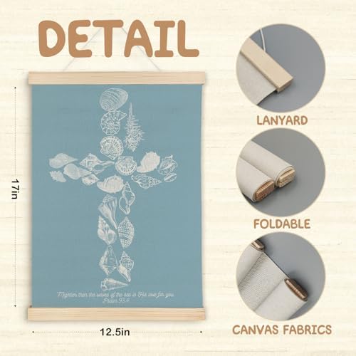SereneHanctuary Blue Christian Coastal Wall Art, Beach Seashell Wall Decor, Psalm 93:4 Bible Verses Religious Poster Hanger Frame for Girls Bedroom Home Church Decor, 12x16 Inches