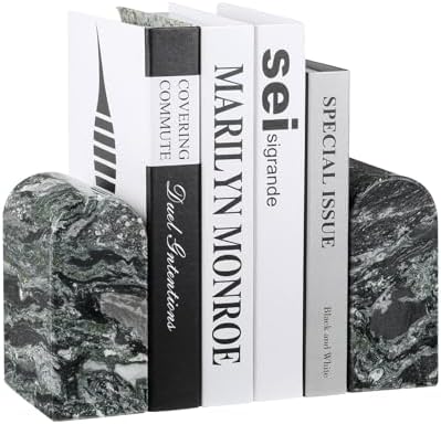 Koville South African Natural Marble Bookends for Shelves, Non-Slip Book Ends, 13LBS Ultra Heavy Duty Marble Book Holder Organizer, Apartment Decor for Movies/CD/Video Games(Olive Green)