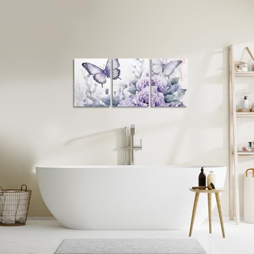 Feelyou Light Purple Rose 3 Piece Canvas Wall Art for Living Room Bedroom Butterfly Wall Art for Home Decor Floral Flower Office Wall Decor Romantic Theme Wall Painting