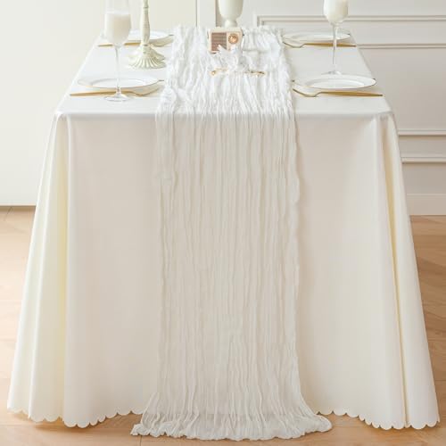 Sioloc Ivory White Cream Cheesecloth Table Runner 120'' x 35'', Spring Easter Decor Soft Gauze Boho Wedding Table Decor for 10ft Table Birthday Party, Baby Shower, Bridal Shower, Home & Event Decor