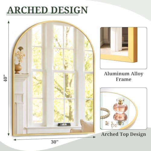 Arched Wall Mirror 40x30 Inch Gold Bathroom Vanity Mirror with Metal Frame | Modern Arch Mirror for Bedroom, Living Room, Entryway, Wall Mounted Decorative Mirror