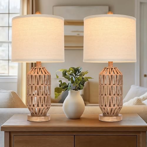 22.5” Rattan Table Lamp Set of 2, Woven Boho Lamp for Bedroom Living Room, 11x11x9 Fabric Drum Shade, E26 Base (Max 60W), Stable Wood Base for Nightstand Console