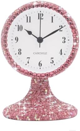 Luxury Rhinestone Small Alarm Desk Table Clock Morning Call Handmade Fashion Design for Bedroom Houseroom Living Room Cute As Gift AR (Pink)