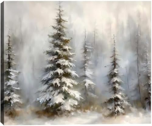 Framed Canvas Wall Art 20x30in, Vintage Snowy Christmas Tree Decor, Pine Tree Pictures for Living Room Decor, Winter Forest Paintings for Bedroom Bathroom, Holiday Decorations Gifts