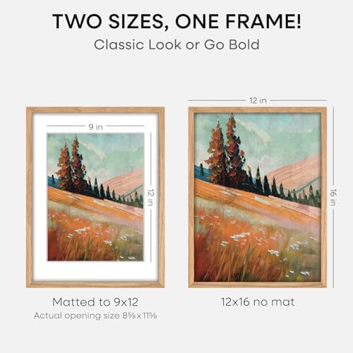 Homeforia 12x16 Natural Oak Picture Frame, High-End Wood, 9x12 Mat, Glass