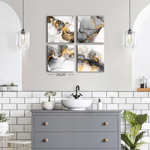 Abstract Texture Wall Art Black and Gold Marble Wall Decor for Living Room Watercolor Ink Fluid Lines Picture Canvas Print Minimalist Painting Framed Artwork Bedroom Office Home Decoration 20x20” 4Pcs