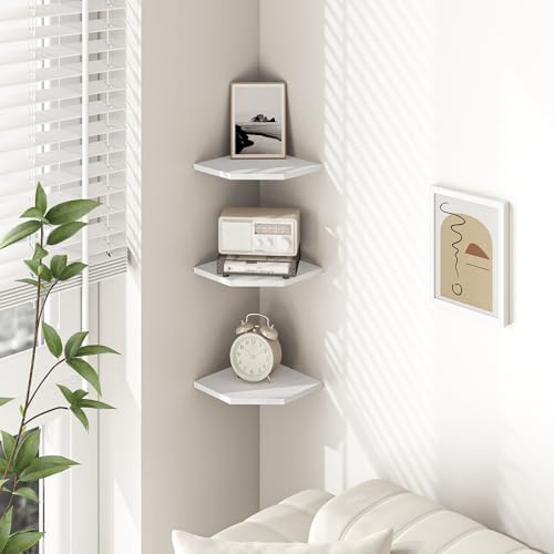 Fun Memories Corner Shelf Wall Mount, Floating Corner Shelves, Set of 6 Corner Wall Shelf Organizer, Rustic Wood Wall Storage Display Shelves for Living Room Bedroom Bathroom Kitchen, Rustic White
