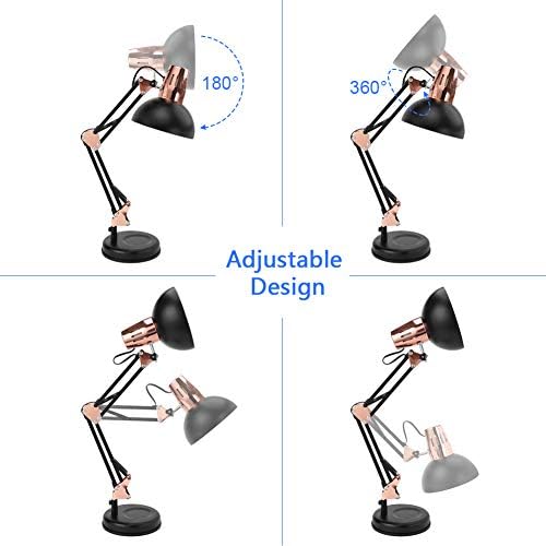 PowerKing Metal Swing Arm Desk Lamps with Base & Clamp, Black Rose Gold