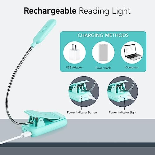 VAVOFO Rechargeable Book Light, Blue Light Blocking, Amber 1600K Clip On Reading Light, Eye Care 7 LEDs Kids Book Light for Reading in Bed with Power Indicator for Bookworms (Green)