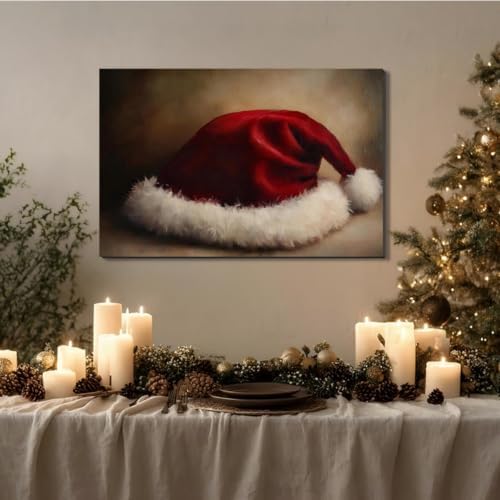 Red Christmas Wall Art - Santa hat Christmas Pictures Wall Decor For Bedroom 24x36inch, Vintage Winter Prints Holiday Poster, Framed Artwork Merry And Bright Home Decorations Indoor