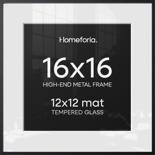Homeforia 16x16 Black Picture Frame, High-End Metal, 12x12 Mat, Glass
