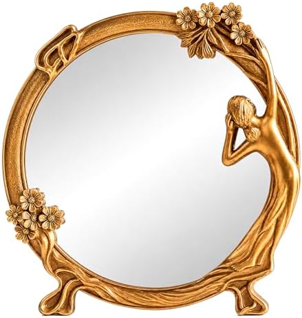 Vintage Gold Mirror Desk Decor -Antique Small Vanity Table Decorative, Oval | Art Nouveau with Stand, Cute Princess Frame, for Tabletop Office Bedroom Furniture Room Bathroom Home Wall Accessories
