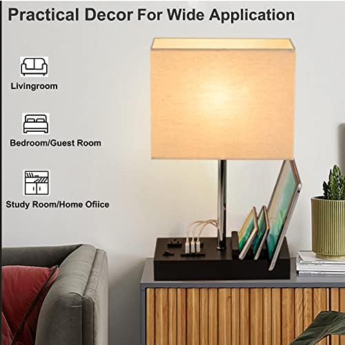 Briever USB Table Lamp, Multi-Functional Desk Lamp with 2 AC Outlets, Bedside Lamp with 3 USB Charging Ports and Wooden Phone Stands, Nightstand Lamp for Bedroom, Livingroom, Office, Linen Shade