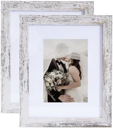 Muzilife Rustic White 8x10 Picture Frame with Mat, Real Glass Cover, 2 Pack