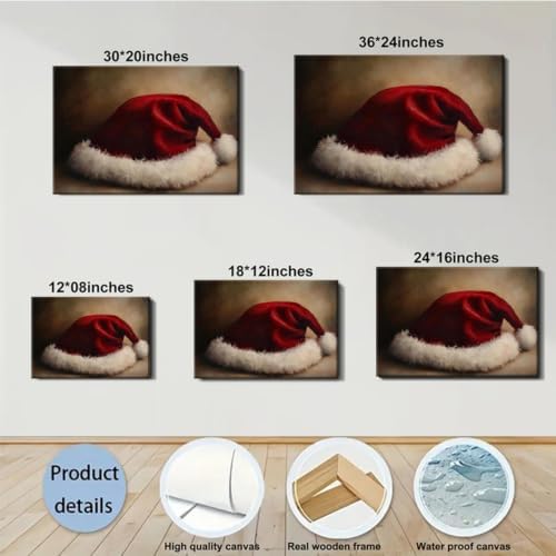 Red Christmas Wall Art - Santa hat Christmas Pictures Wall Decor For Bedroom 12x18inch, Vintage Winter Prints Holiday Poster, Framed Artwork Merry And Bright Home Decorations Indoor