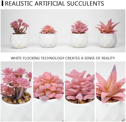 VIVERIE Mini Faux Succulents Plants Artificial in Pots-Rose Pink Desk Accessories, Small Fake Succulents Plants for Home Decor Indoor for Women, White Ceramic, Set of 4