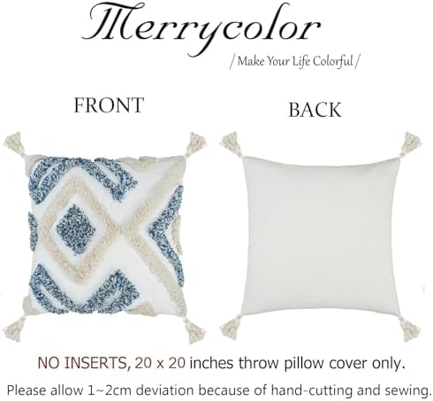 Merrycolor Boho Throw Pillow Covers 20x20 Blue and White Decorative Pillow Covers with Tassels Soft Woven Tufted Pillow Case Neutral Accent Cushion Cover for Couch Sofa Bedroom,1PC